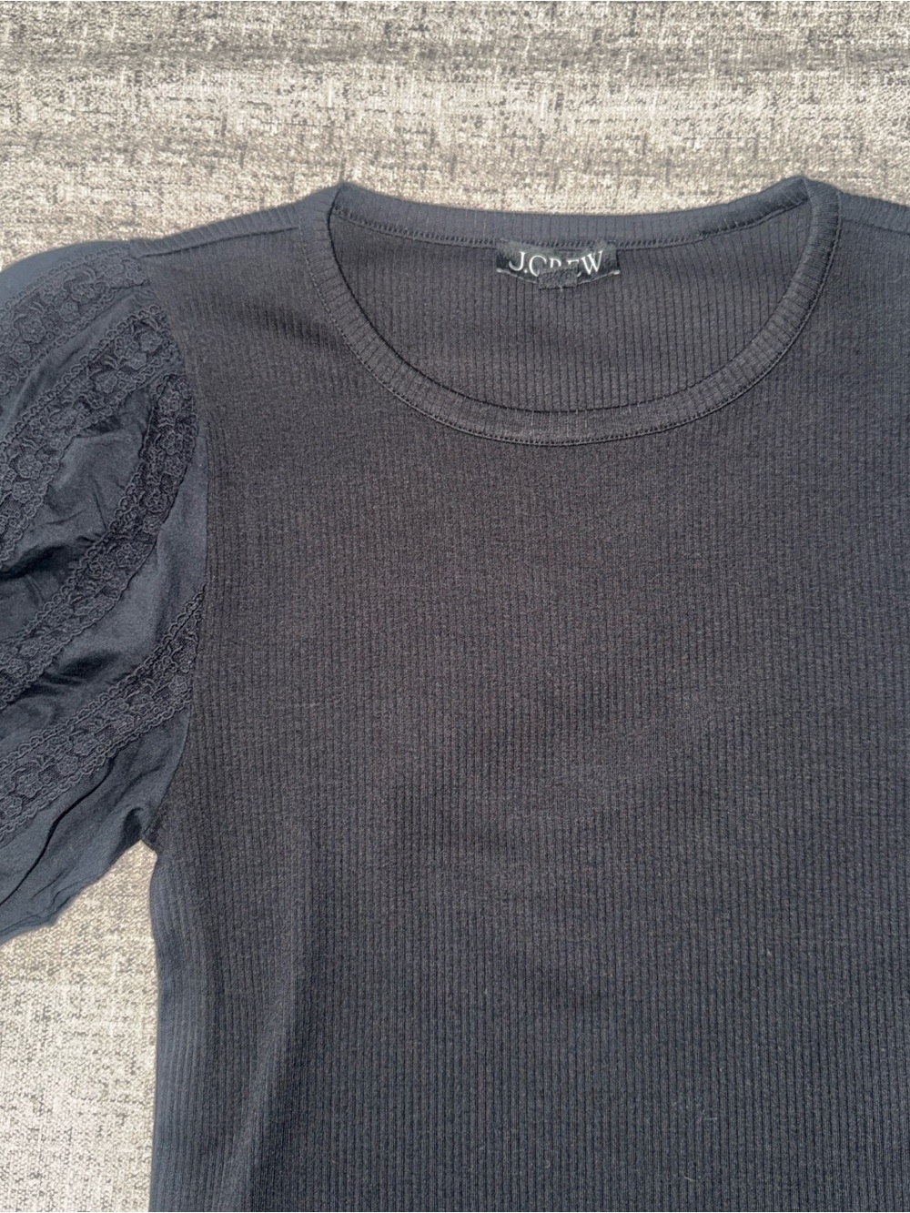 J. Crew Black Ribbed Top with Lace Panel Short Sleeves